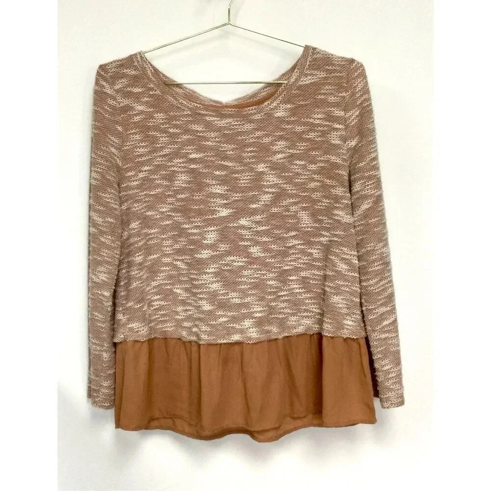 Entro Womens Ivory Tan Tweed Long‎ Sleeve Tie Back Layered Top Blouse Size Large